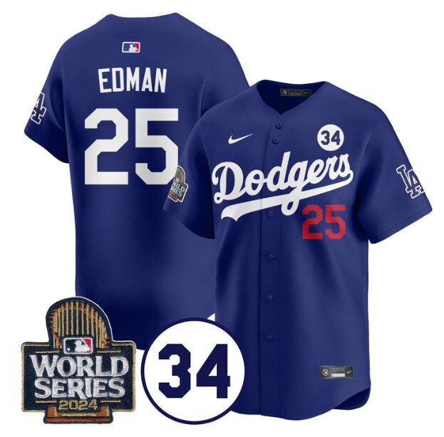 Men's Los Angeles Dodgers #25 Tommy Edman Royal 2024 World Series With No. 34 Patch Limited Stitched Baseball Jersey Men's Los Angeles Dodgers #25 Tommy Edman Royal 2024 World Series With No. 34 Patch Limited Stitched Baseball Jersey
